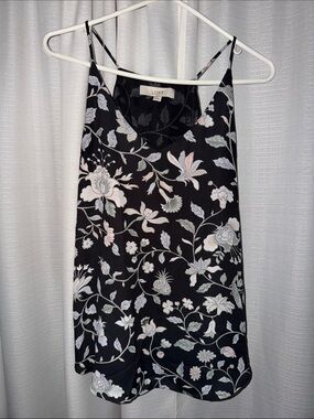 LOFT Black Floral Spaghetti-Strap Tank with Pastel Blooms